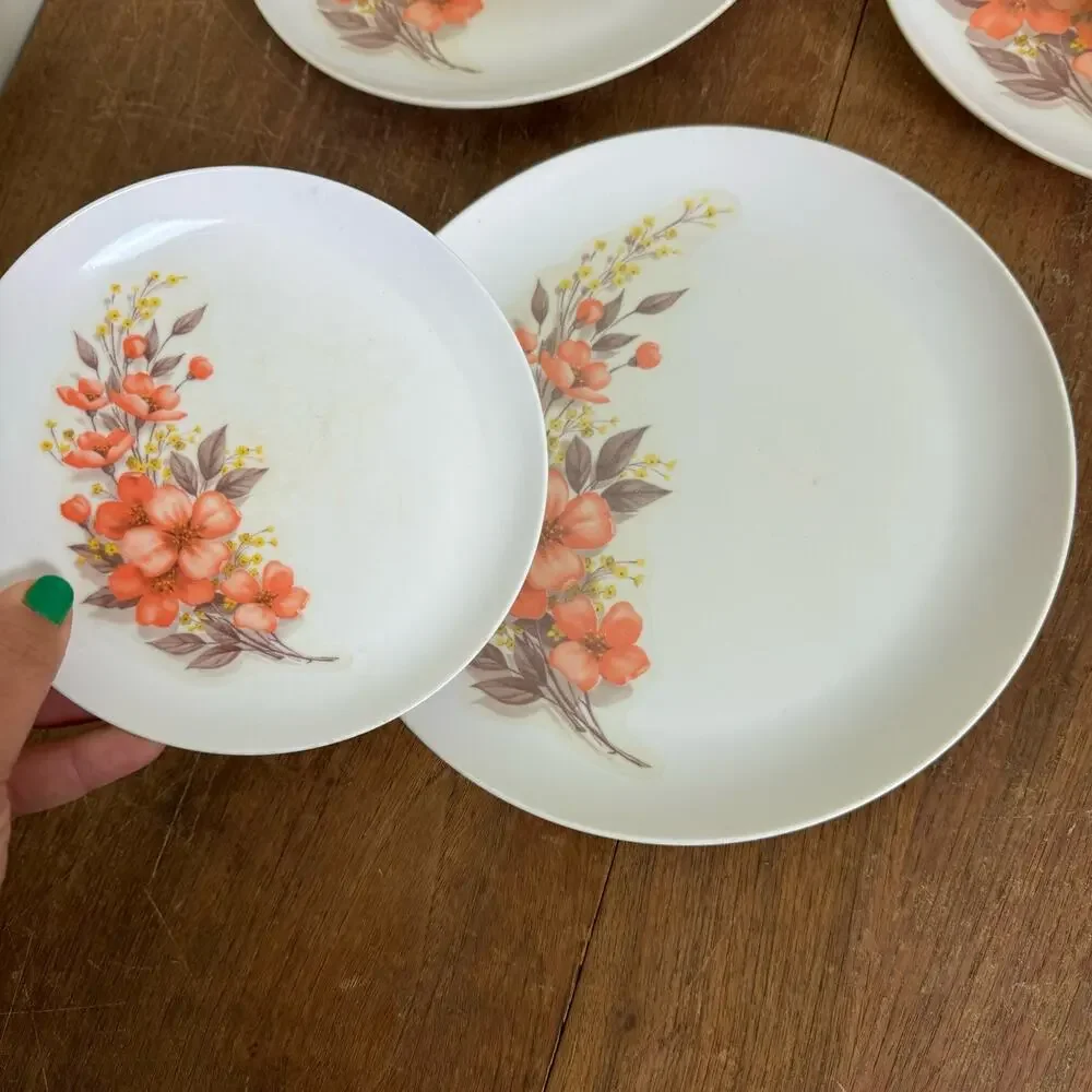 Mar-Crest Melmac VINTAGE peach floral dinner & bread 5 place setting‎
